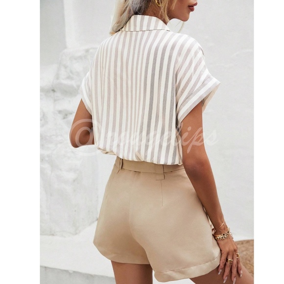 Striped White Khaki Short Batwing Sleeve Button Down Shirt - Picture 3 of 7